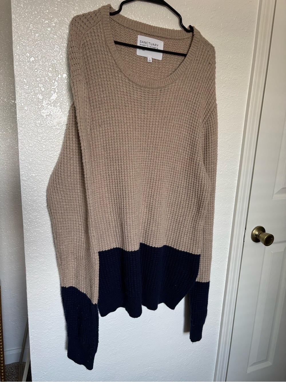 Sanctuary Beige and Navy Colorblock Waffle Crew Sweater